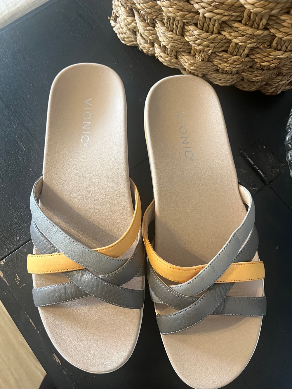 Vionic Women's Slide Sandals in Gray and Yellow Accent